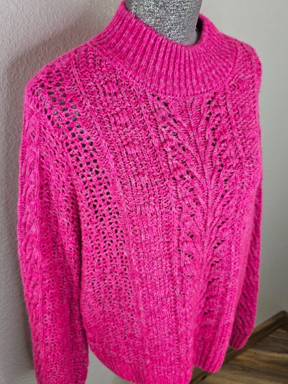Laurel Grey Pink Open-Knit Cable Crewneck Sweater Size XL